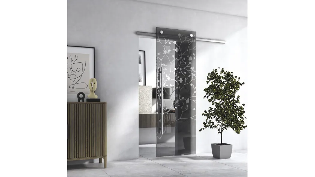 Porta interna in vetro Intrecci Naturali con decoro Albero di Visioni