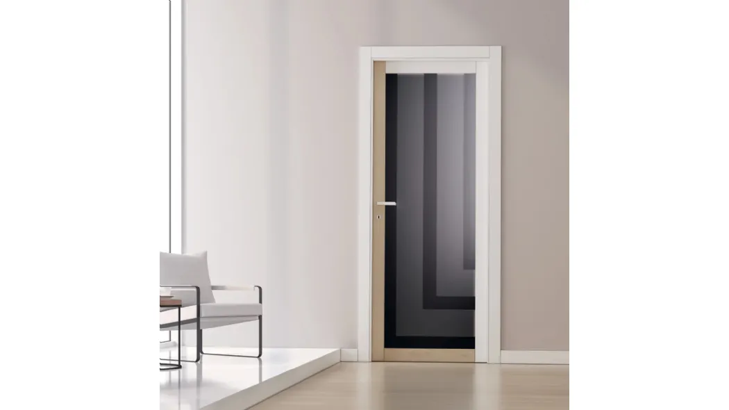 Porta interna Neos NX08 finitura Bianco Soft, Rovere Alaska e Vetro di Trix